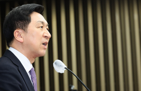 김기현 국민의힘 대표가 16일 국회에서 열린 정책의원총회에서 발언하고 있다. [연합뉴스]